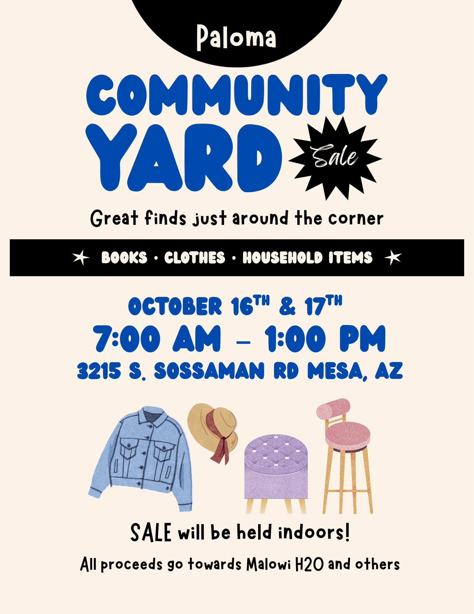 Yard sale flyer: books, clothes and household items, October 16 and 17, 7:00 AM to 1:00 PM, 3215 S. Sossaman Rd, Mesa